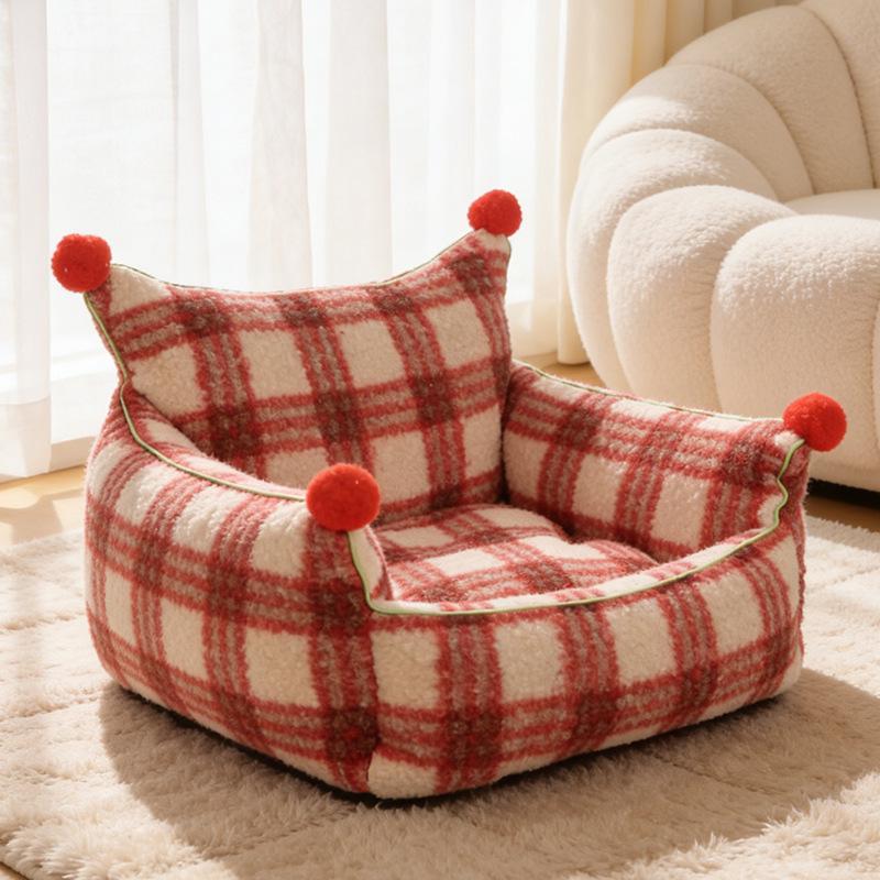 Plaid Plush Pet Bed: Cozy All-Season House for Small and Medium Cats and Dogs Small: 50*50*30cm