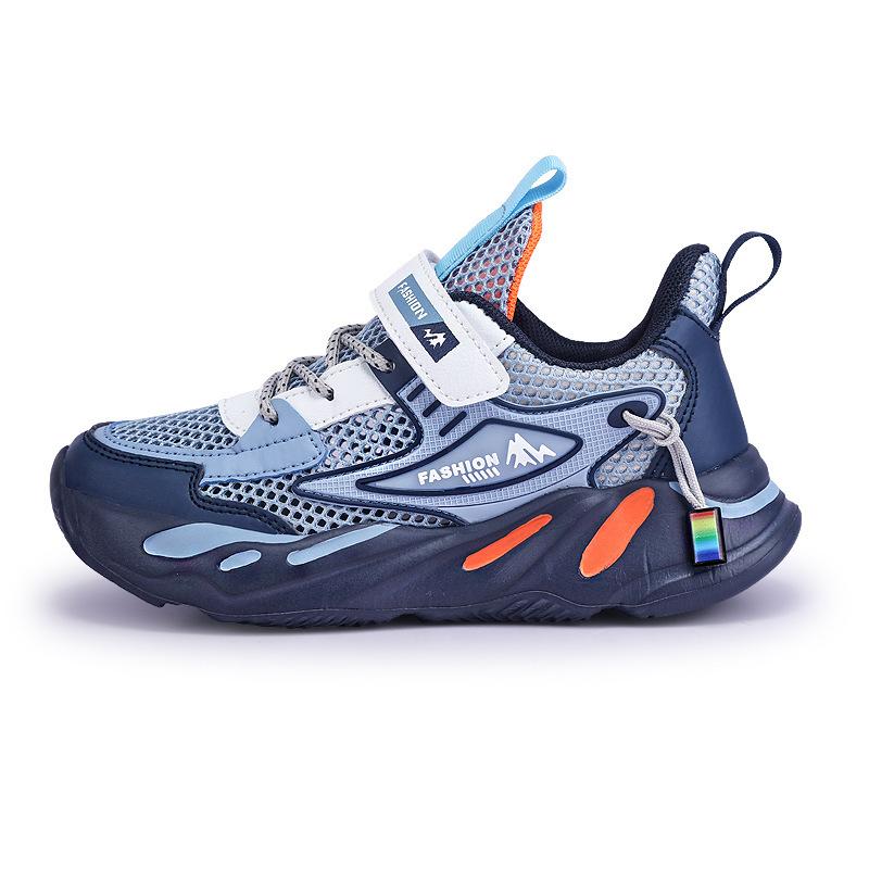 Boys shoes 2025 autumn new double mesh leather surface breathable hollow children's sports shoes medium older boys running shoes
