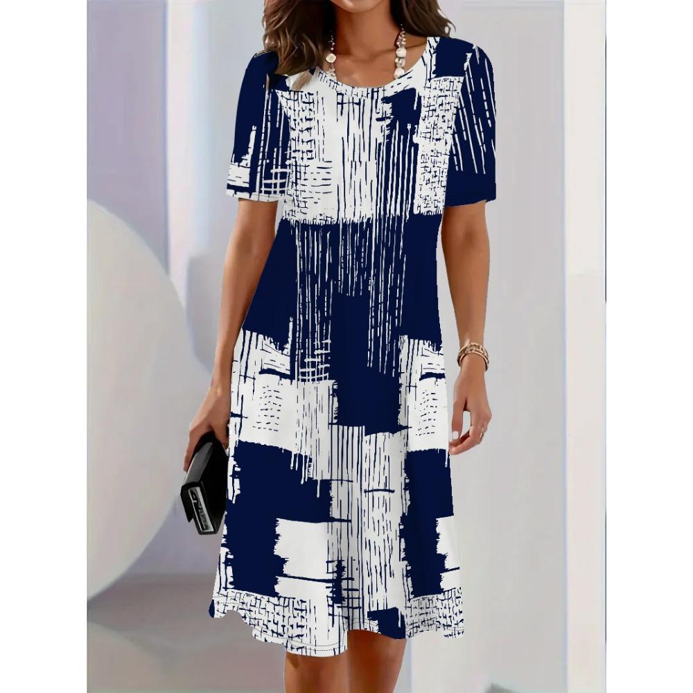 Women's Daisy Print Faux Denim Midi Dress Summer Casual Short Sleeve Fake Button Front A Line
