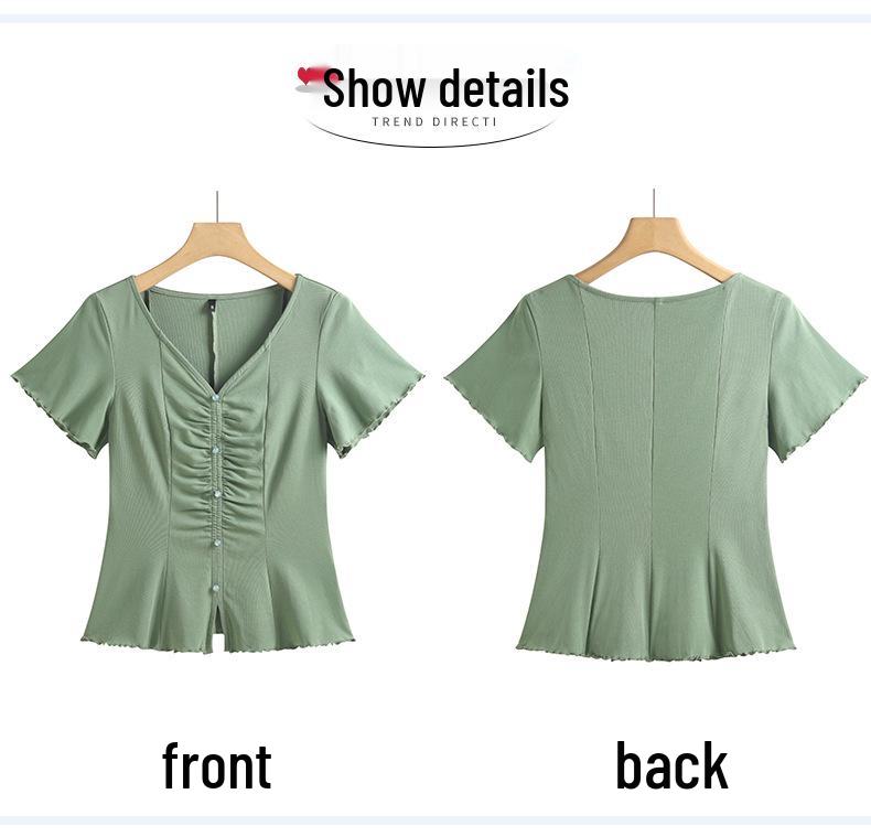 Frühling/Sommer 2025 Damen V-Ausschnitt Kurzarm T-Shirt - Koreanischer Stil mit süßen Rüschenärmeln