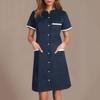 Women's Casual Workwear Solid Color V Neck Short Sleeved Button Pocket Loose Caregiver Dress