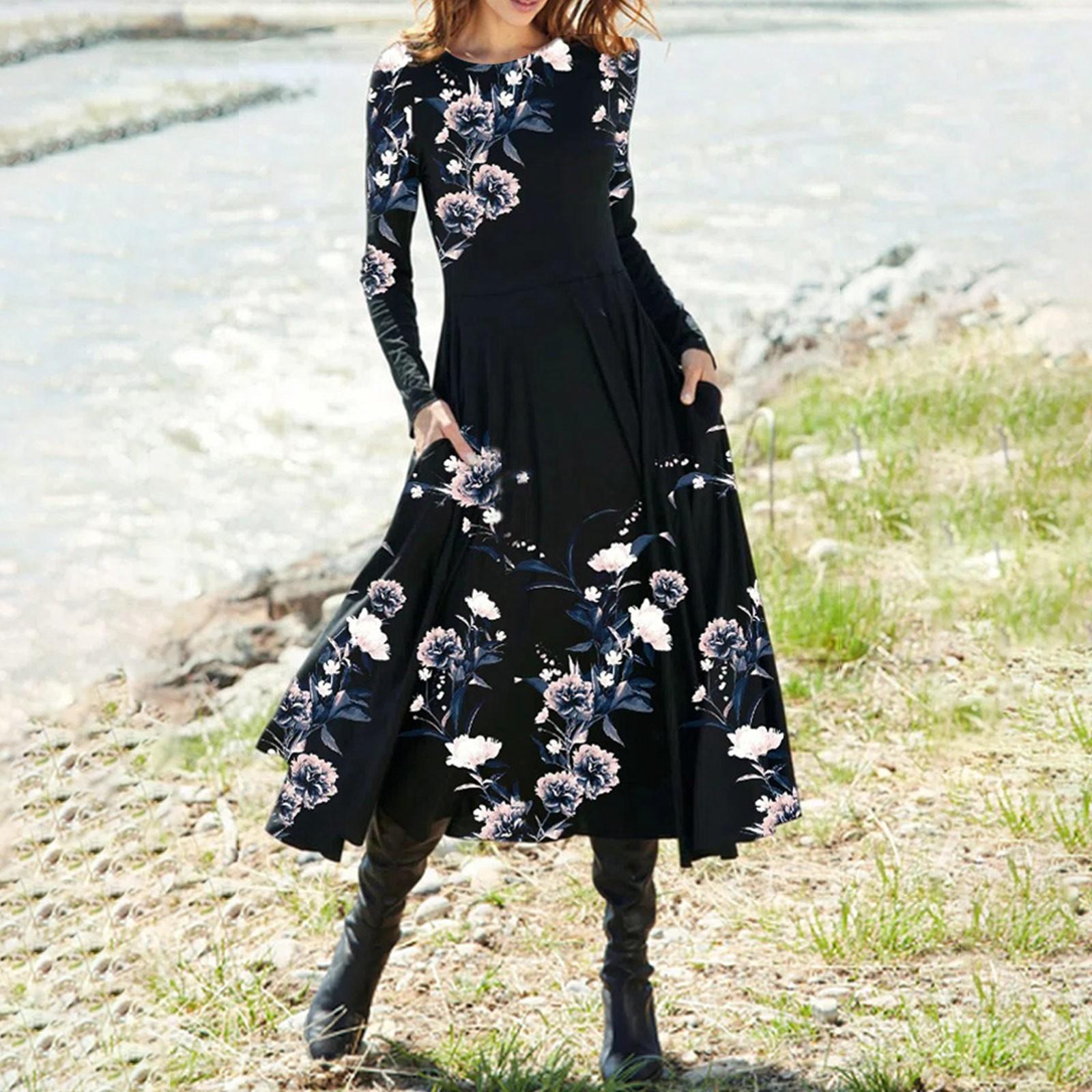 Women s Fashion Casual Printed Round Neck Pullover Long Sleeve Dress L