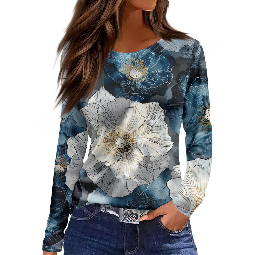 Women's Fashion Hem Slit Casual Retro Floral Print Round Neck Long Sleeve Top