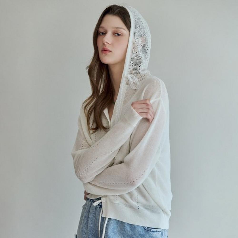 Maxza Lace Strap Punching Hood Knit Cardigan Zf08qd001na white/FREE