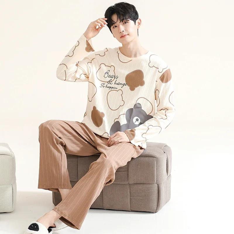 Baumwolle Herren Pullover Nachtwäsche Herbst Frühling Langarm Nachtwäsche 2 Stück Pyjamas Set Männlich