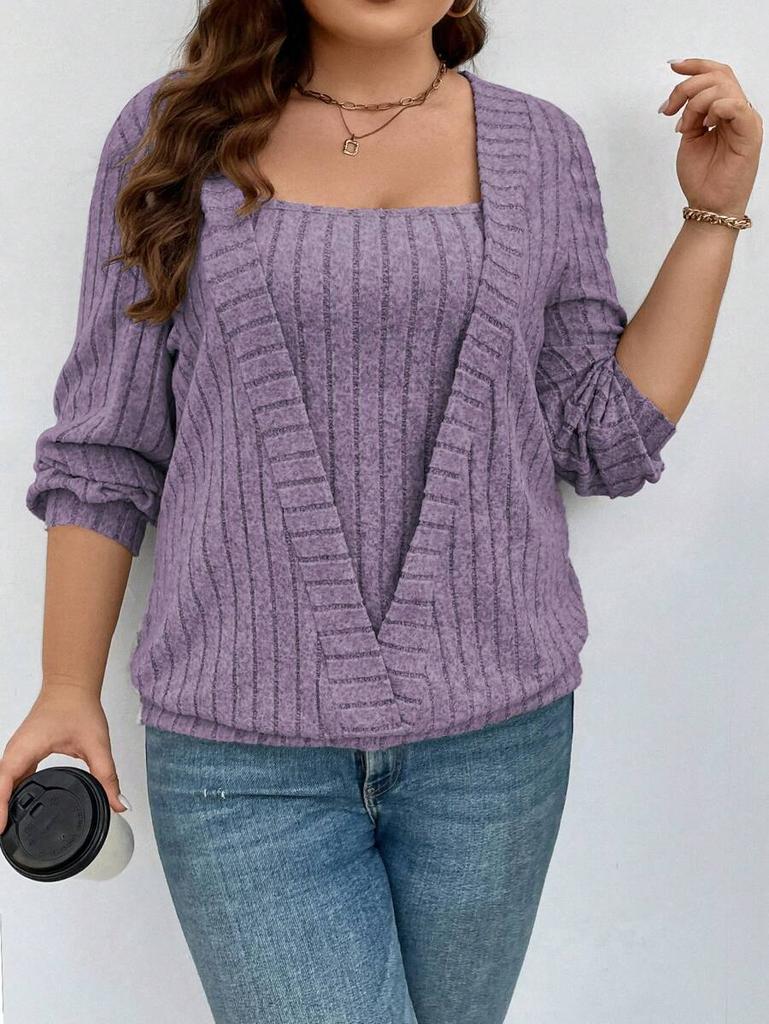 2025 Autumn and Winter, Europe, America,  TEMU Independent Station Cross-border New Solid-color Pit Strip V-neck Long-sleeved Fake Two-piece Set