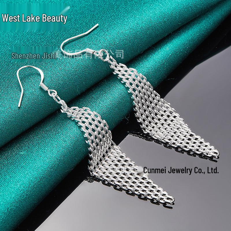 Cercei Lungi din Plasă de Diamante Argintii pentru Femei - Colecția Frumusețea Lacului de Vest