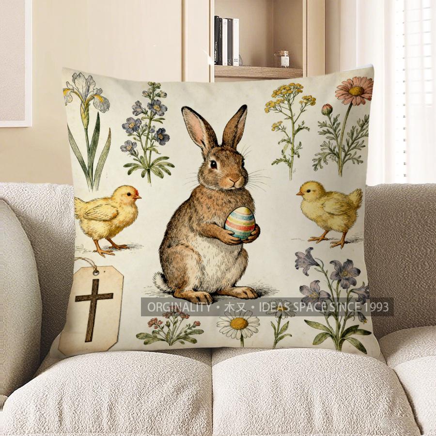 2D Easter Bunny With Chicks And Flowers Pillow Pattern Cushion Cover Suitable For Sofa Bedroom Car Pillow Cover