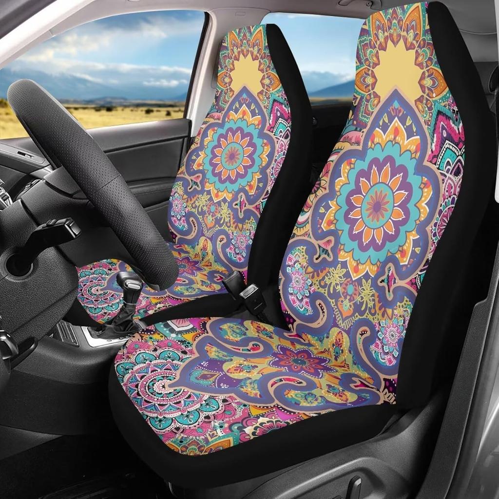 Bulopur Black Boho Floral Car Seat Covers Front Seats Only for Women Men Seat Covers w/Organizer Pocket for Cars SUV Truck Sedan