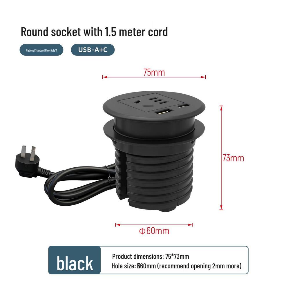 Recessed Round Desktop Power Socket with USB Charging, 60mm Hole