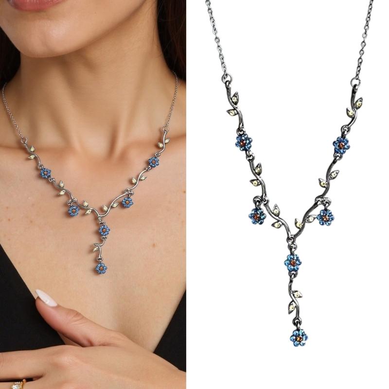 Adjustable Length Blue Plum Flower Necklace Comfortable Lightweight Neckchain Trendy Accessory for Casual Outfits