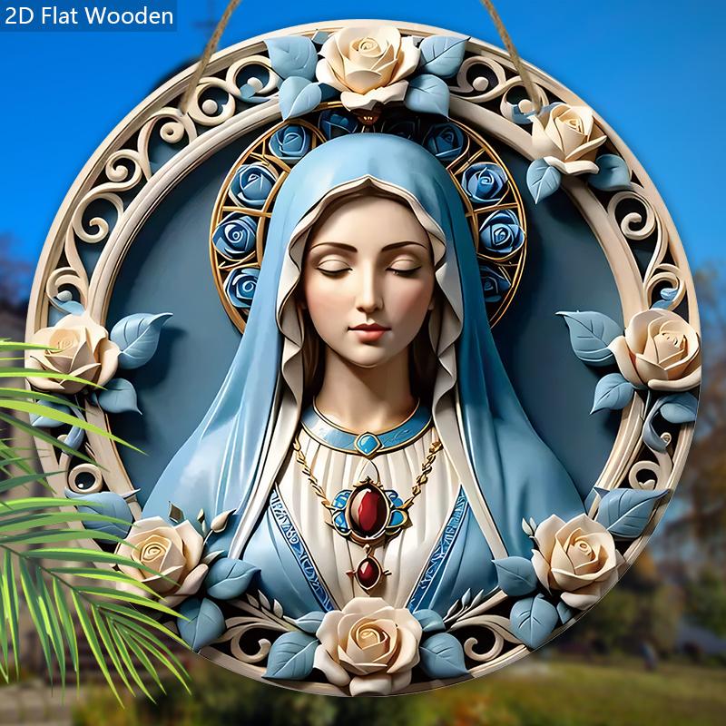 Elegant Wooden Sign with Our Lady Pattern, Unique Round Sign for Wall Front Door Hanging Decor, Ideal Festival Ornament