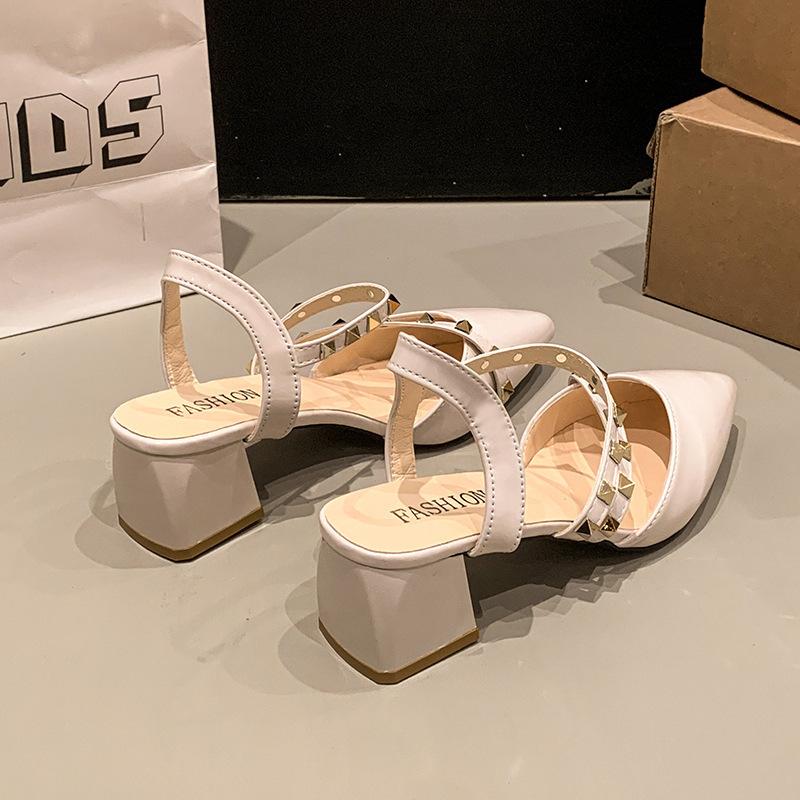 Rivet bag head sandals women's thick heel spring and summer new willow nail fashion patent leather pointed beige wedge heel cool