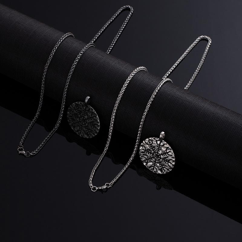 Male Retro Compass Rune Pendant Necklace Nordic Viking Trendy Cool Personality Neck Chain Totem Necklace