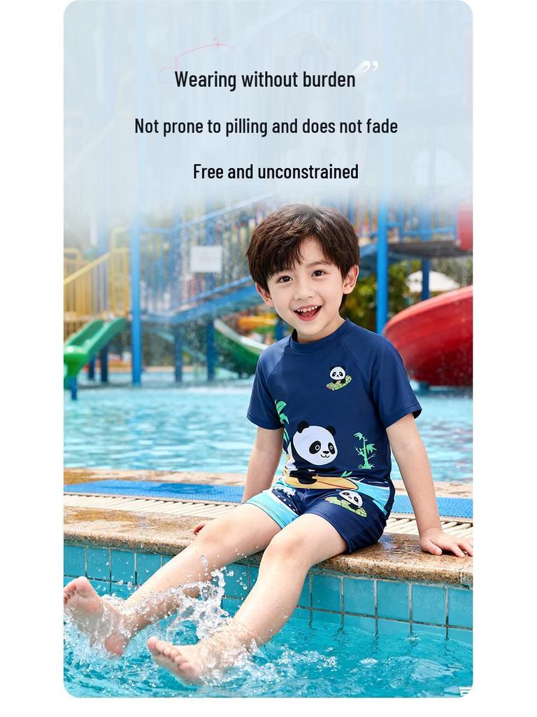 Boys' Cartoon Panda Two-Piece Swimwear Set with Cap