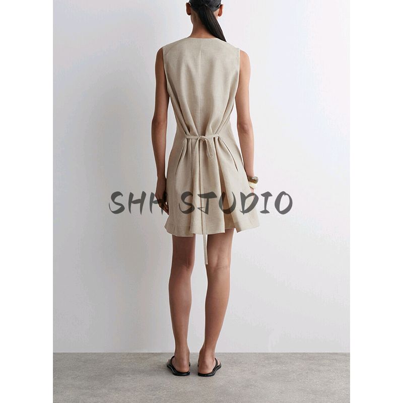 CS Summer New Product Women's Clothes Single Row Multi-Buckle V Neck Sleeveless Standard Linen Blend Dress 1283658