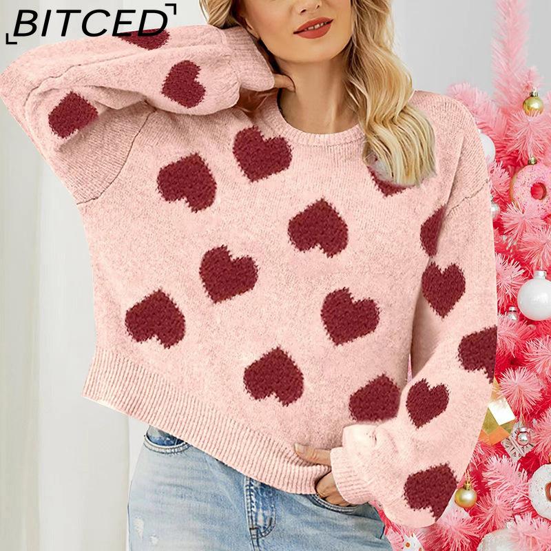 BITCED Bubble Sleeve Valentine's Pink Sweater Loose-Fit Sweet Heart-Patterned Cable-Knit Pullover