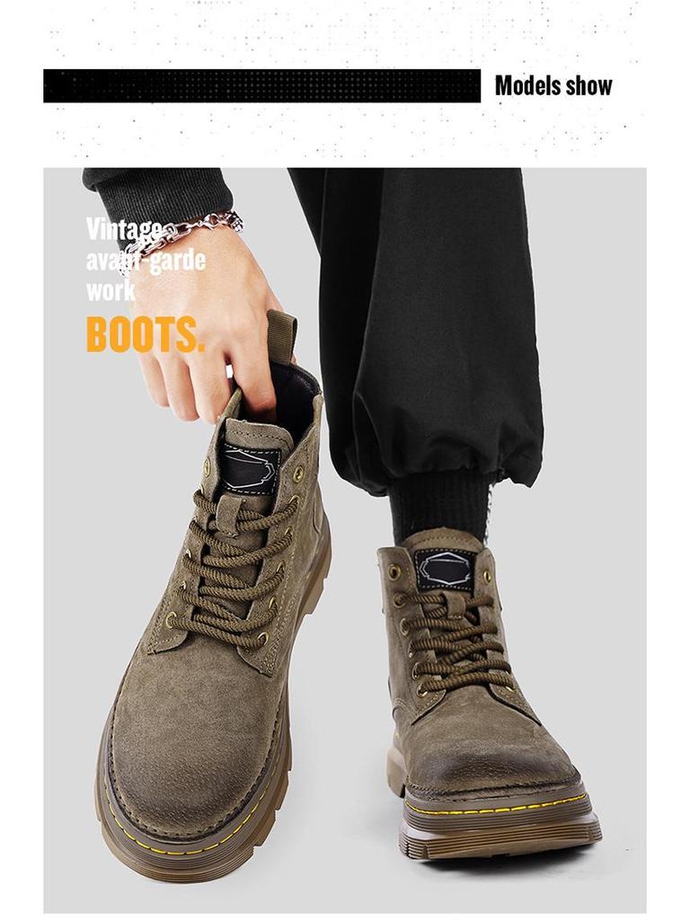 Men's Genuine Leather High-Top Martin Boots - Yellow Retro Winter Snow Shoes with Plush Lining