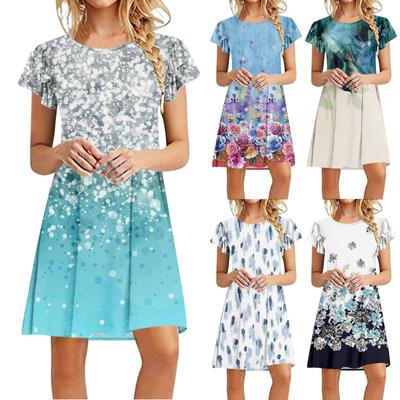 Women's Summer Vintage Print Loose Crewneck Peplum Short-sleeved Dress