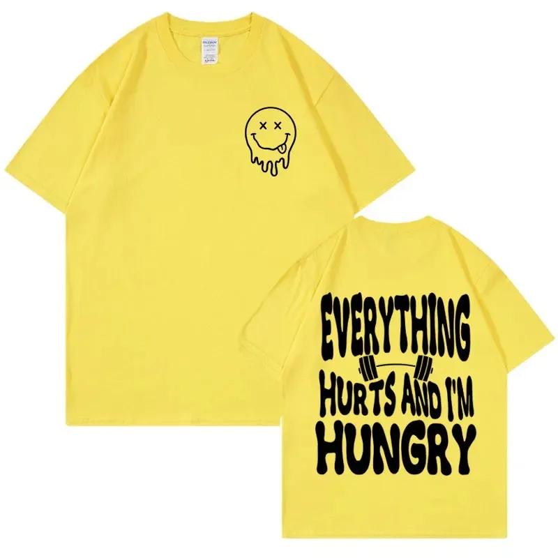 

Новые Забавные Футболки с Принтом «Всё Болит и Я Голоден» для Тренировок с Пампингом Мужская Повседневная Футболка для Зала Мужская Хлопковая Футболка 4XL