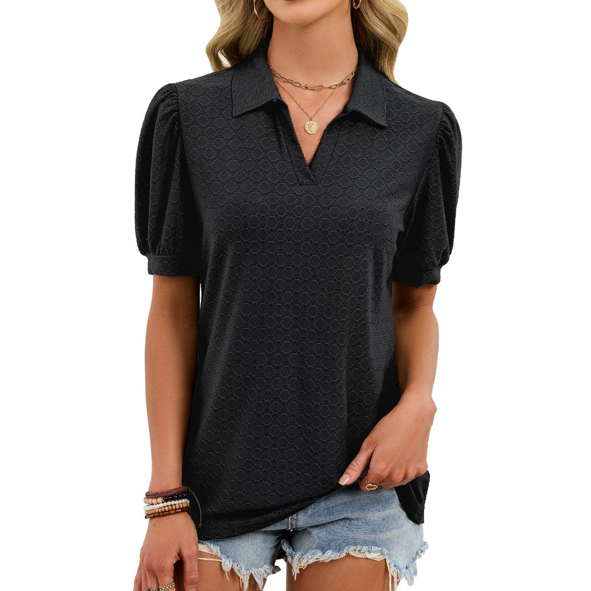 

Summer New Women s V-Neck Puff Sleeve Loose Polo T-Shirt Top for Women European American Cross-border Fashion S чёрный