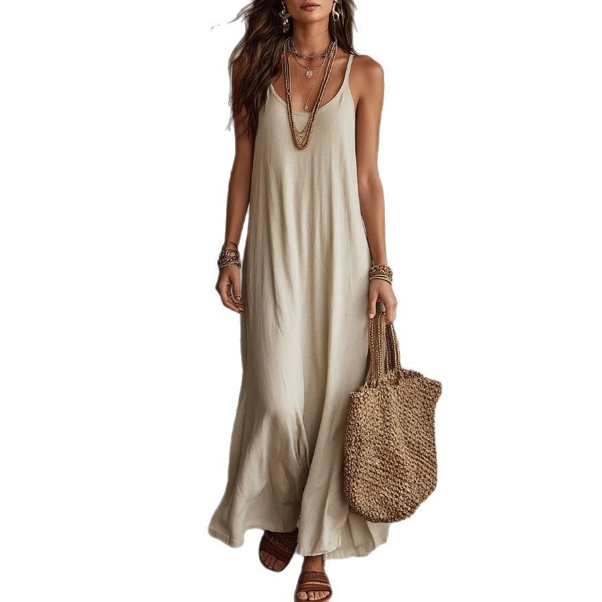 Women Sleeveless Spaghetti Strap V Neck Solid Color Maxi Dress Casual Loose Fit Summer Beach Dress Orange
