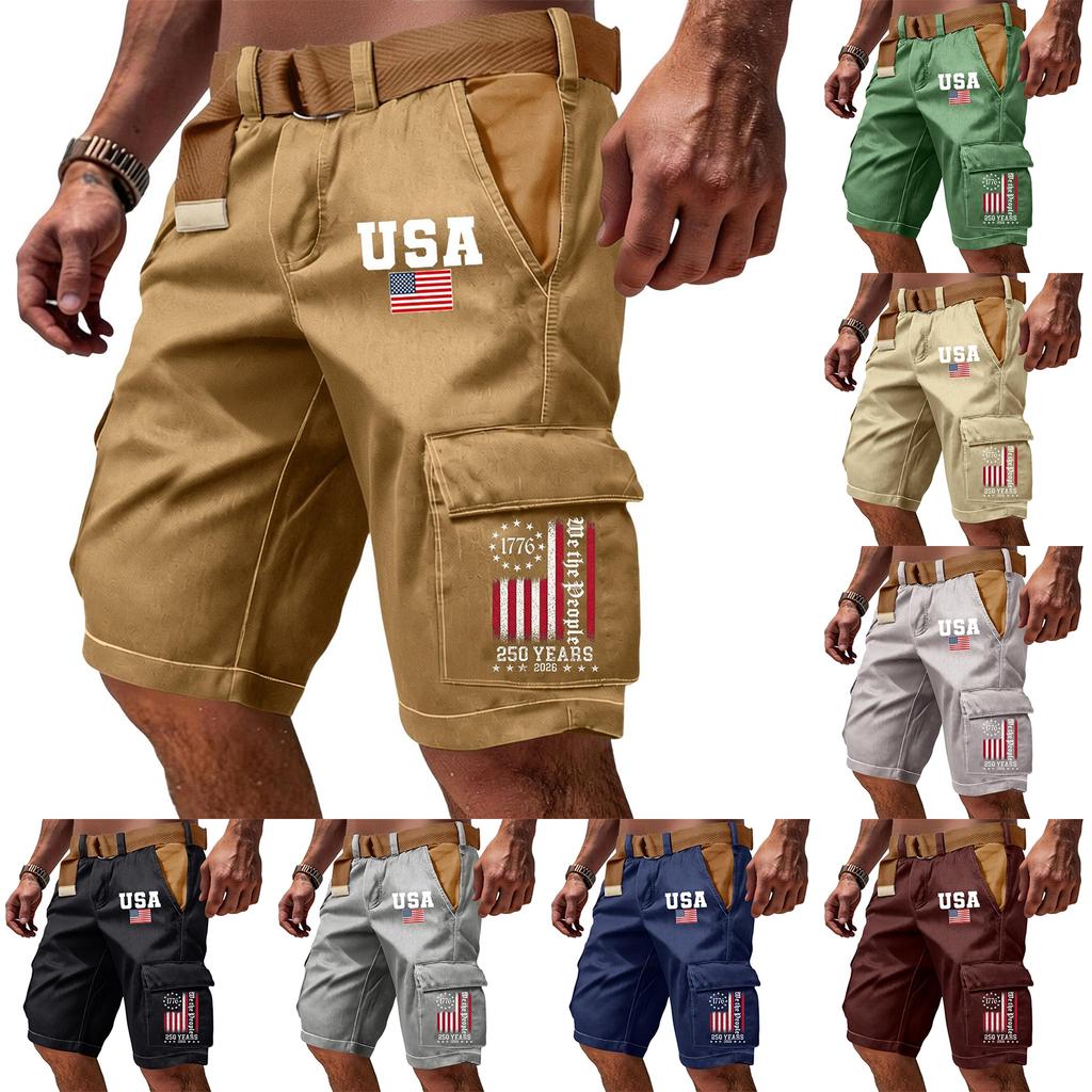 Men's Casual Multi Pocket Cargo Shorts with Flag and Lettering Print Adjustable Waistband Outdoor Workwear Shorts