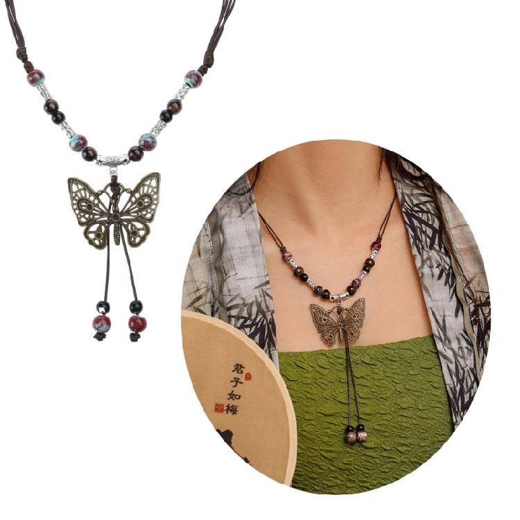 Beaded Butterfly Pendant Necklace Geometric Bead Clavicle Sweater Chain Jewelry