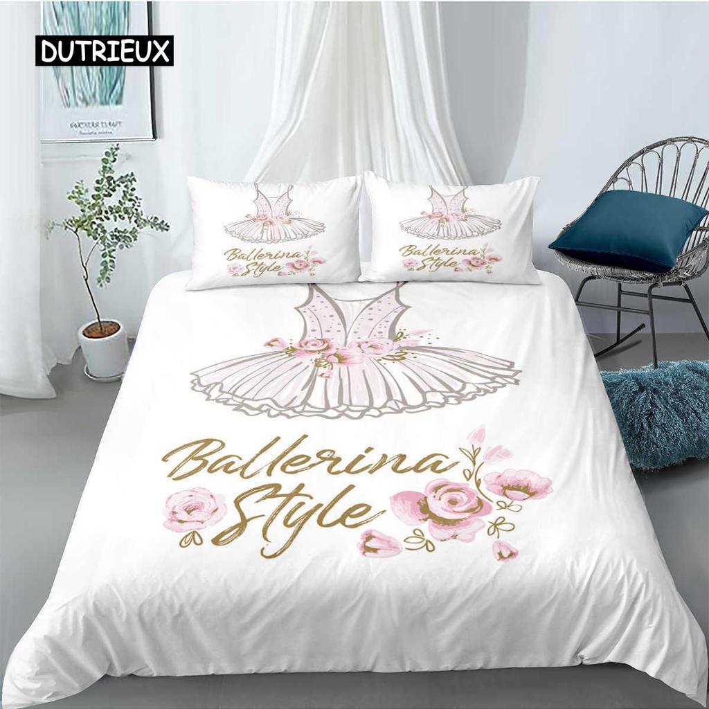 Ballet Duvet Cover Set King Microfiber Ballet Accessory Shoes Dress Bedding Set for Girls Rose Leaves Summer Style Quilt Cover