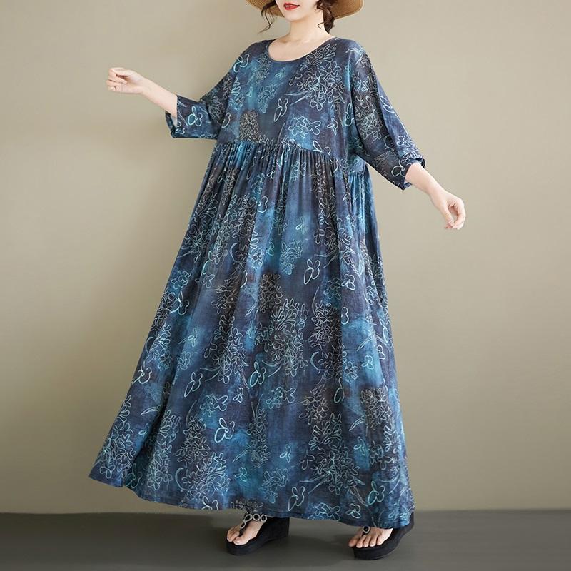 Short Sleeve Plus Size Cotton Vintage Floral New In Dresses for Women Casual Loose Long Summer Dress