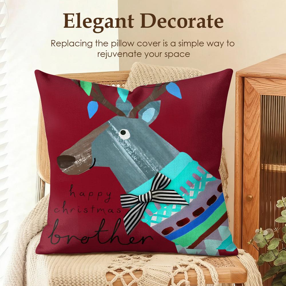 Cute Christmas Reindeer Cushion Cover Natural Linen Organic Fabric Double-Sided Printing Sofa Home Decor Gift Pillow Case