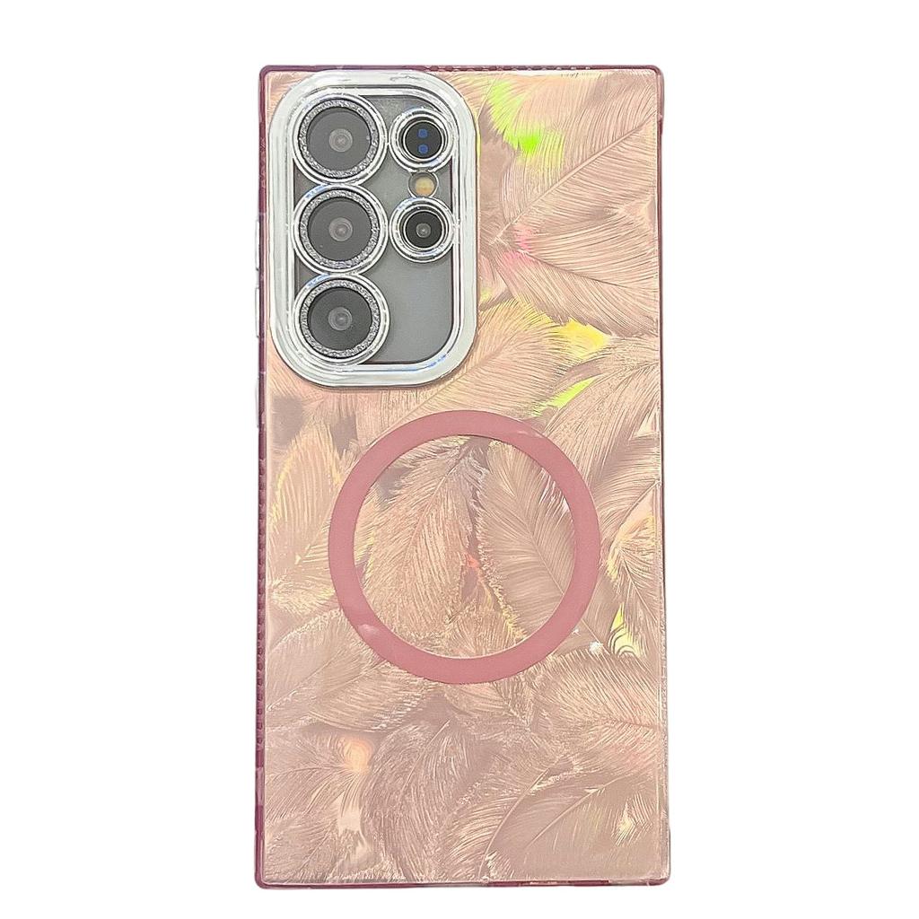 Feather Pattern Samsung S25ultra Suitable for S24plus Magnetic Phone Case A56 Electroplated Flash Powder Lens Film