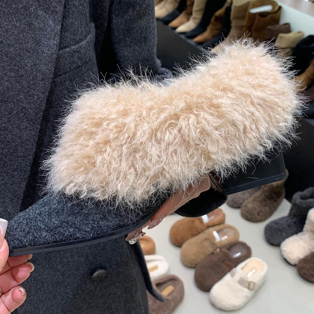 French thick heel pointed brown small leather shoes plush warm fluffy shoes autumn and winter temperament gray high heels