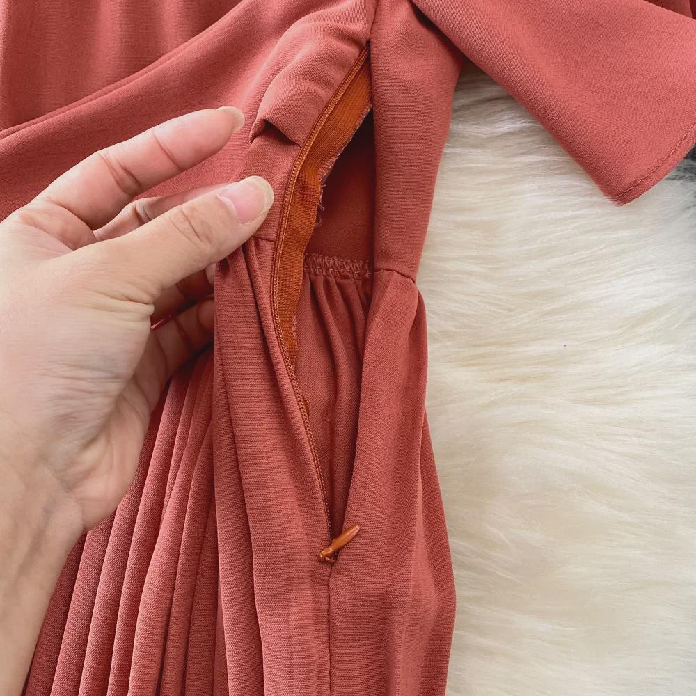 2022 Sommer V-Ausschnitt Kurzarm Schlanke Taille Plissee Midikleid