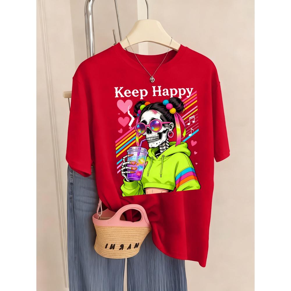 Keep Happy Colorful Drinks Skulls Print Women T Shirt Breathable O-Neck T-Shirt Sport Summer Clothes Multicolor Short Sleeve