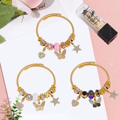 Wind Theme Diamond Heart Beaded Bracelet with Butterfly and Star Charms Stainless Steel Bangle for Girls