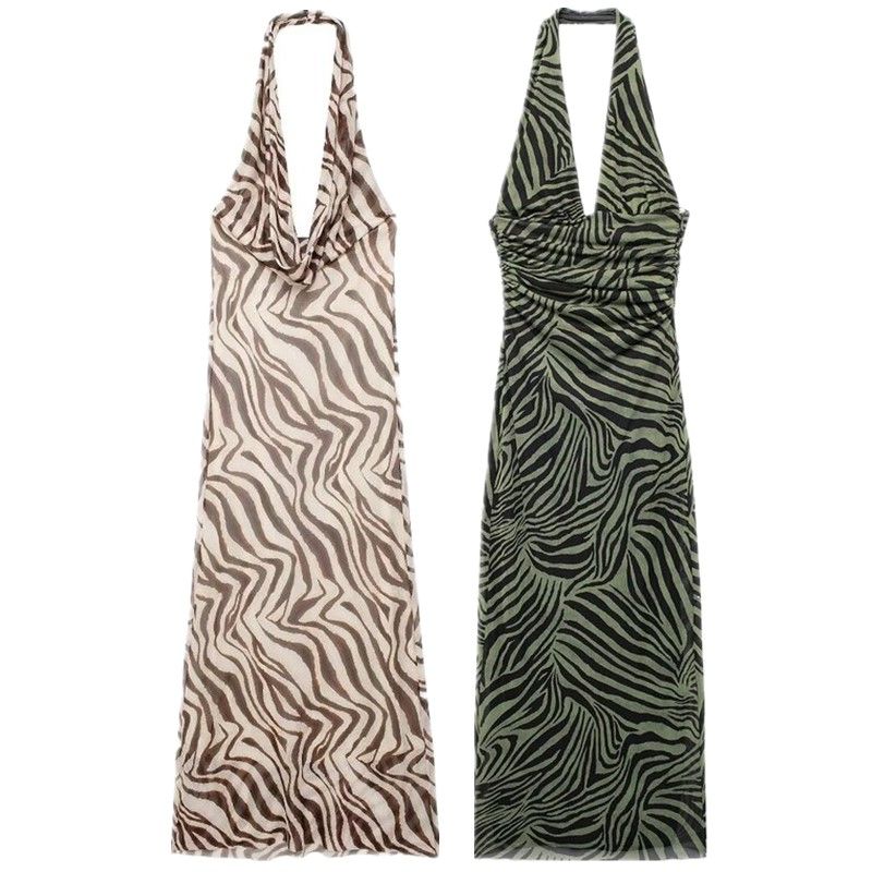 Fashion Style 2024 Autumn New Women's Clothing Hanging Collar Stylish Print Silk Net Dress 8314476