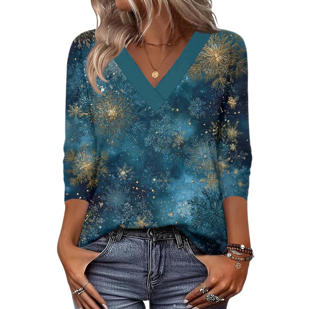 Women's Loose Comfortable Casual Fashion V-Neck Christmas Print 3/4 Sleeve Top