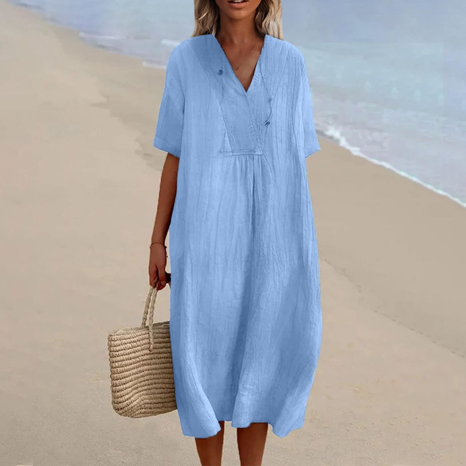 

Женское свободное повседневное модное однотонное платье с V-образным вырезом XXXL светло-синий