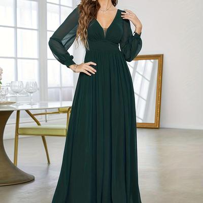 Europäischer & Amerikanischer Stil Langarm Chiffon Abendkleid - Tiefer V-Ausschnitt, Elegantes Brautjungfernkleid