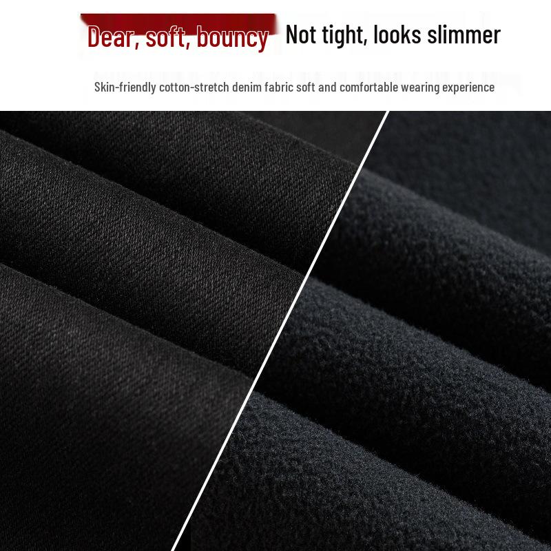 High-Quality Black Fleece-Lined Straight-Leg Jeans for Women - 2025 Autumn/Winter Edition, Plus Loose Slimming Design, Cigarette Style, Size 30