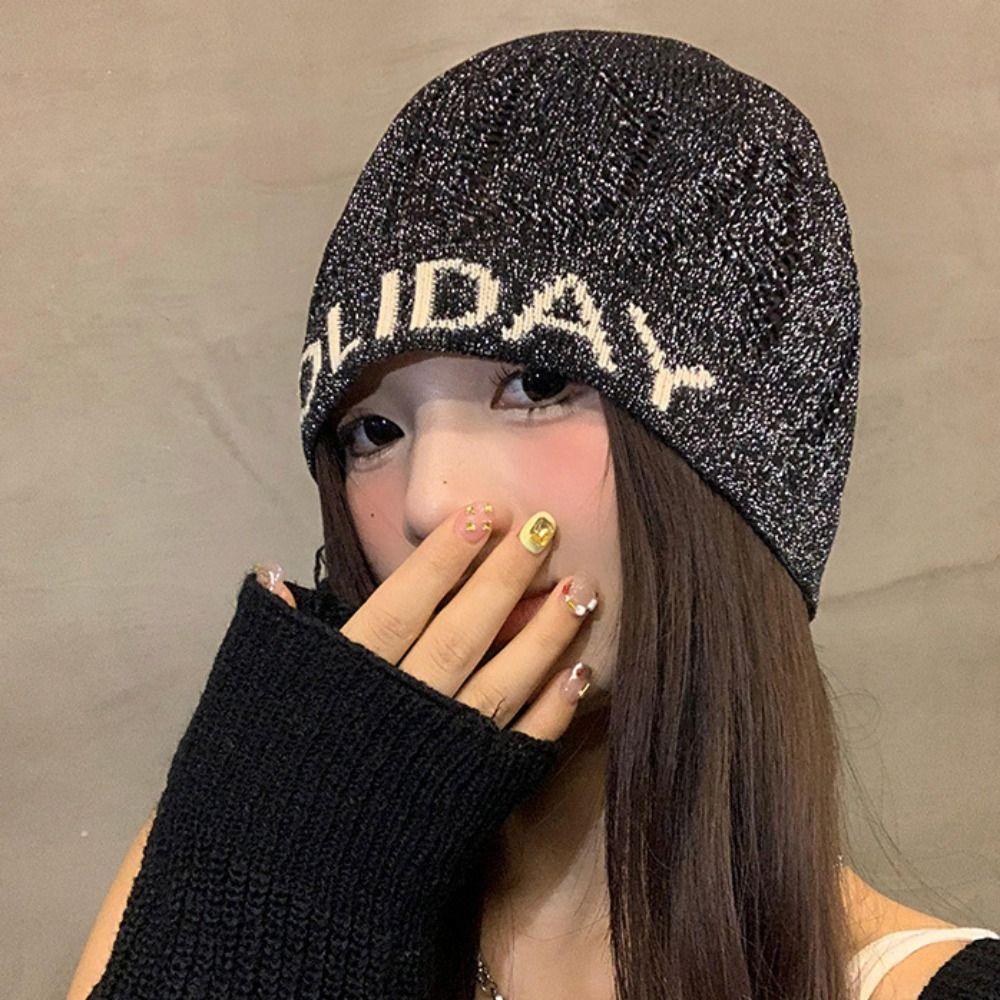 Vintage Letter Beanie Hat Hollow Knitted Pullover Hat Fashion Sequin Knitted Hat  Winter