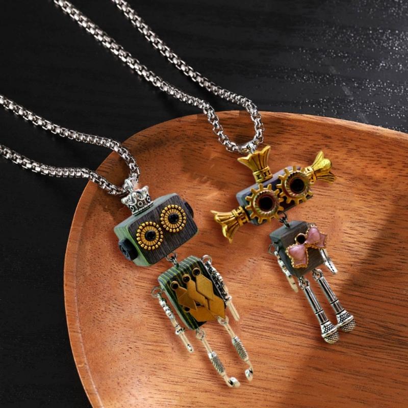 Wood Block Robot Pendant Necklace Adjustable Length Punk Neckchain Stylish Leather Cord Accessory Fade Resistant Chokers