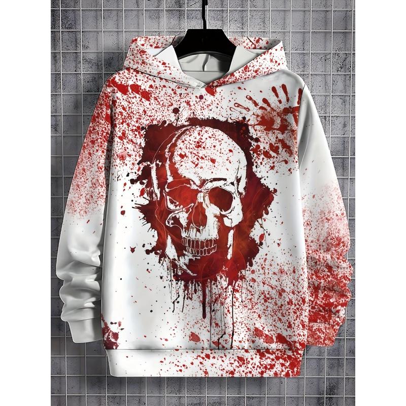 3D Printed Skull Blood Hoodie For Men Retro Skeleton Pattern Long Sleeve Tops Casual Sweatshirt Harajuku Pullover Loose Hoodies