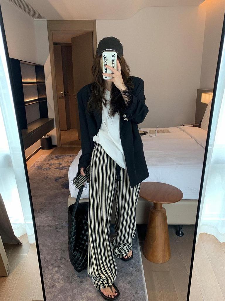 Plus Size Women's Vertical Stripe High Waist Slimming Casual Floor-Length Summer Pants