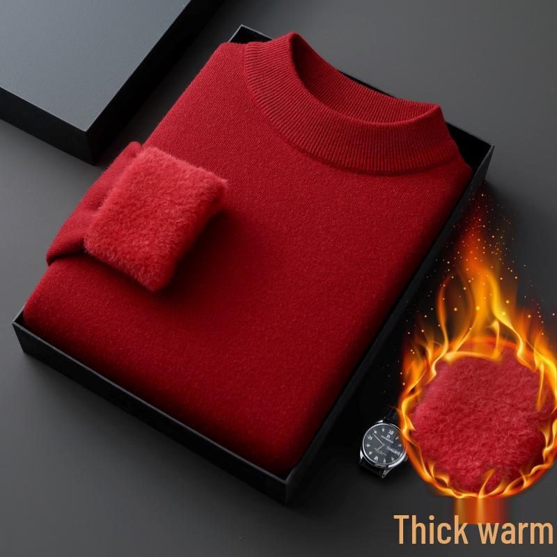 Men's Velvet Knit Sweater - Warm Half-High Collar, Thickened Base Layer