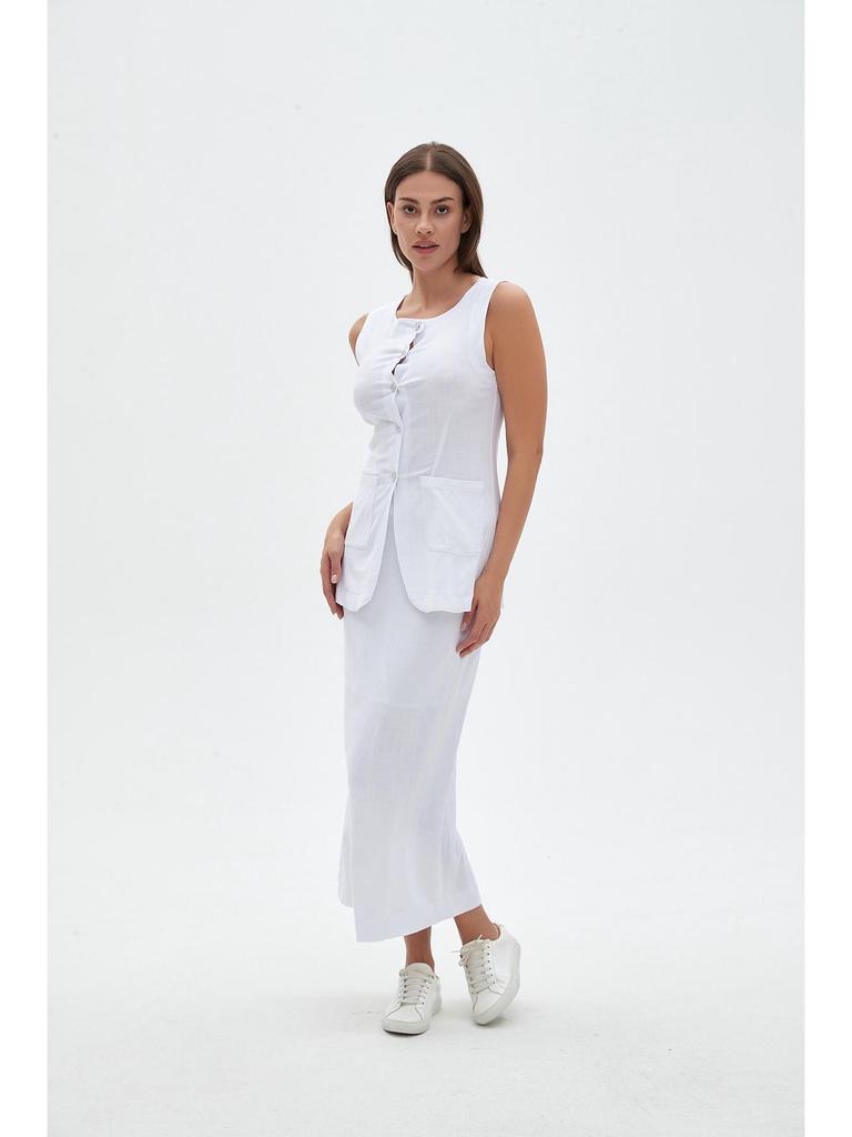 Capable Solid Color Linen Blend Micro-Elastic Vest & Long Dress Two-Piece Set - Summer/Autumn for Work or Casual Wear