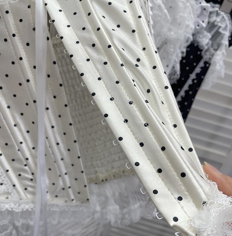 Retro Polka Dot Strapless Lace Trim Crop Top 