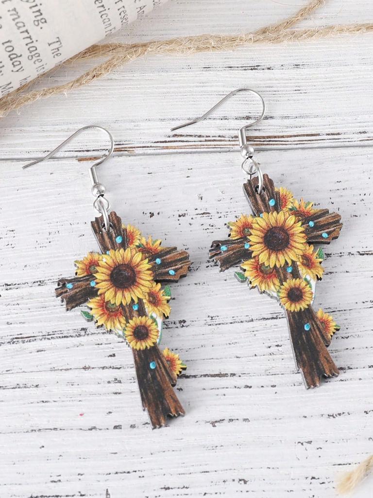 Fashionable Women's Flower Painting Cross Pendant Earrings with Wooden Hooks Hanging Earrings