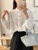 French Embroidered Stand-Up Collar Women's Shirt - Spring Style, Loose Fit, Hollow-Out Design, Long Sleeve Top